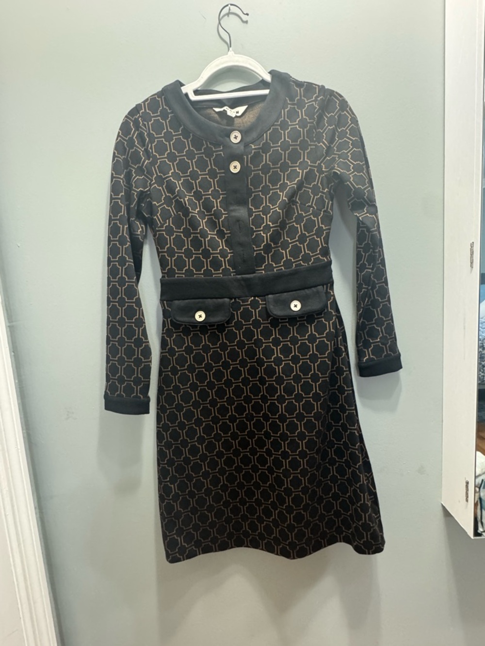 Boden Black Cardigan with Tan Geometric Pattern